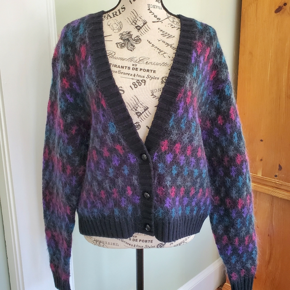 Vintage Multicolor Fuzzy Wool Mohair Blend Cardigan